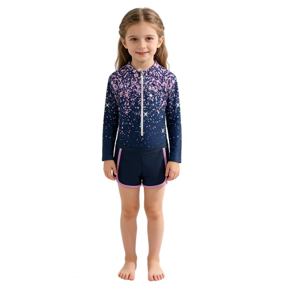 Tiijoy Girls Floral Print UPF 50+ Long Sleeve Zip Up Rash Guard Shorts 2-Piece Swimsuit, Sizes 4-8