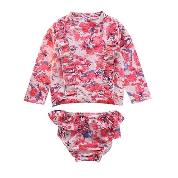 Tiijoy Girls Floral Ruffle Long Sleeve Rash Guard Swimsuit with UPF50+, Sizes 2-7