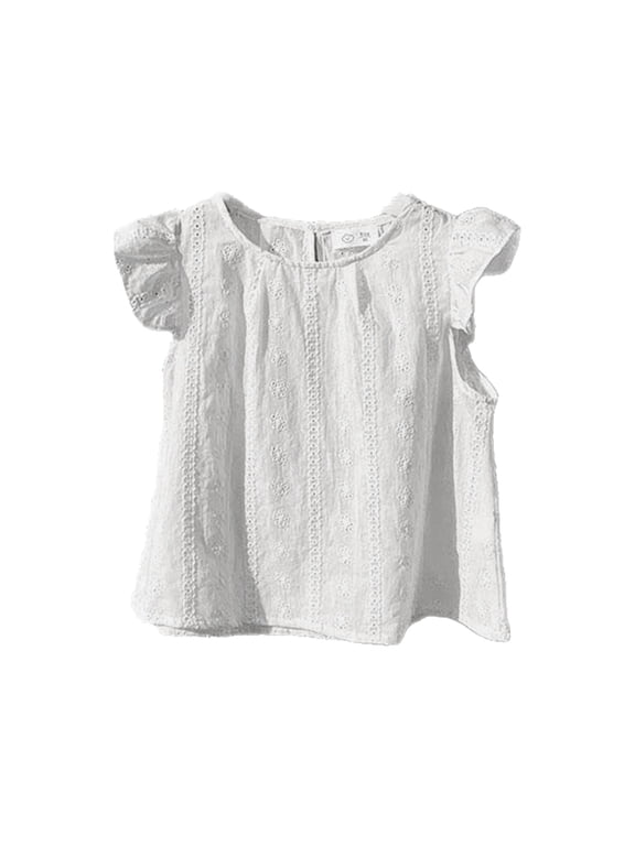 Girls Flutter Sleeve Eyelet T-Shirt Casual Cotton T Shirt Top, White, Sizes 2-8