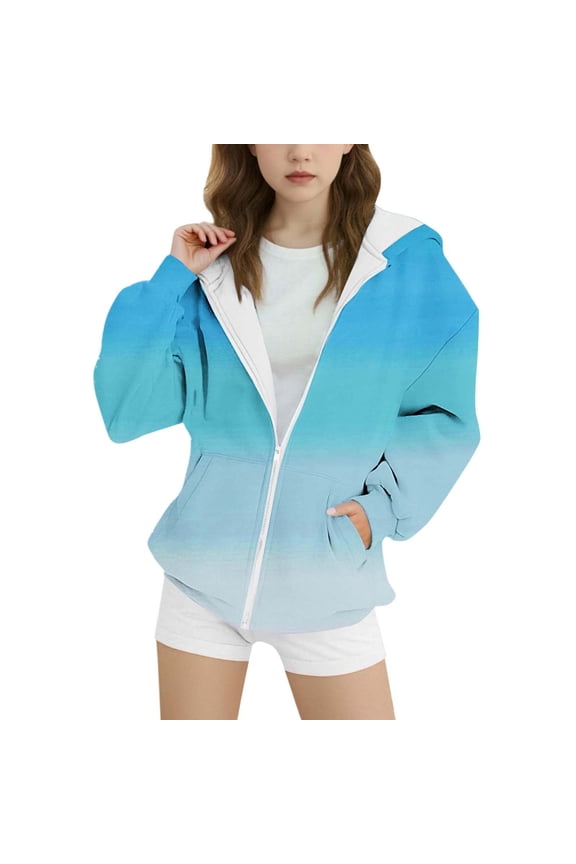 Girls Gradient Zip Up Hoodie Spring Fall Casual Hooded Sweatshirt Jacket, Sizes 4-15