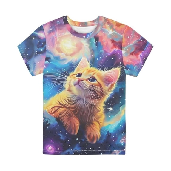 Tiijoy Girls Graphic Tee Cute Cat Print Short Sleeve Crew Neck T-Shirt Top, Sizes 5-6