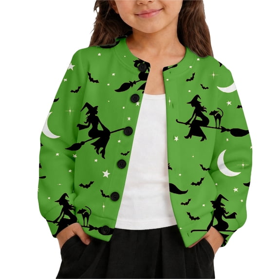 Tiijoy Girls Halloween Cardigan Button Front Long Sleeve Sweater Coat, Green, Sizes 1-8
