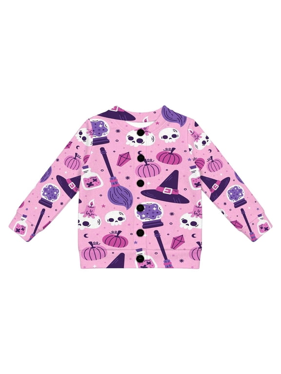 Girls Halloween Cardigan Sweater Cute Graphic Button Down Jacket, Purple, Sizes 5-16