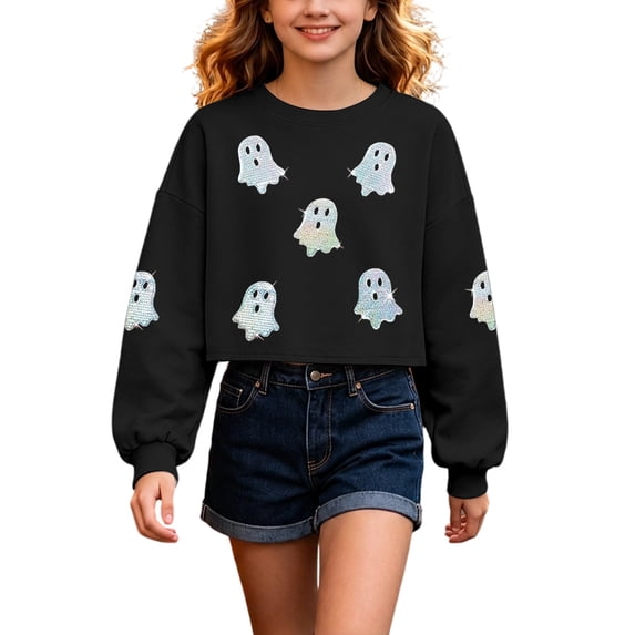 Tiijoy Girls Halloween Graphic Sweatshirt Long Sleeve Crew Neck Cropped Pullover, Black