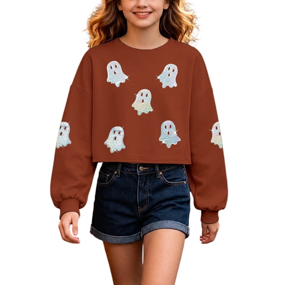 Tiijoy Girls Halloween Graphic Sweatshirt Long Sleeve Crew Neck Cropped Pullover