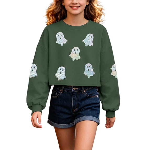 Tiijoy Girls Halloween Graphic Sweatshirt Long Sleeve Crew Neck Cropped Pullover
