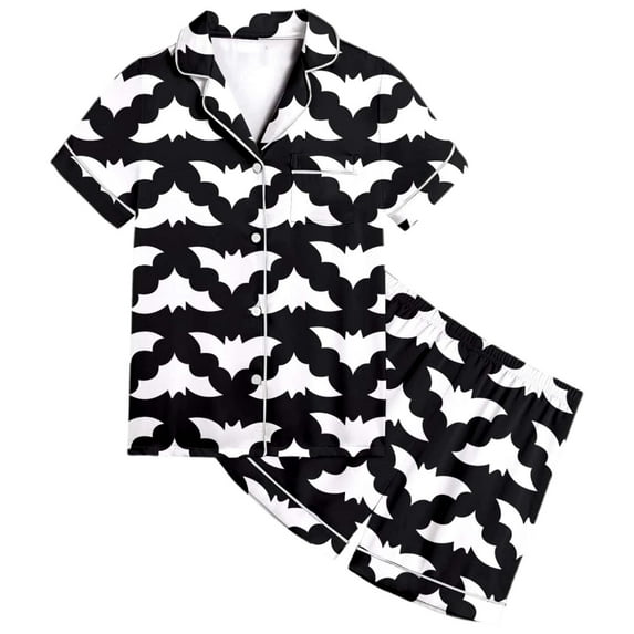 Tiijoy Girls Halloween Pajama Set Bat Print Short Sleeve Button Down Top Shorts, Sizes 10-11