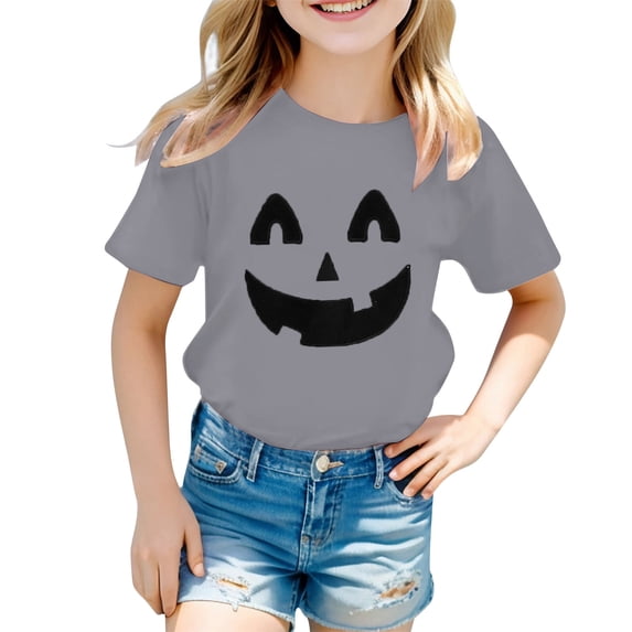 Tiijoy Girls Halloween Pumpkin Face T-Shirt Kids Short Sleeve T Shirt, Grey, Sizes 1-13