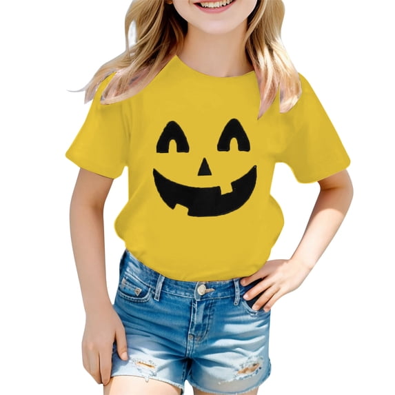 Tiijoy Girls Halloween Pumpkin Face T-Shirt Kids Short Sleeve T Shirt, Yellow, Sizes 1-13