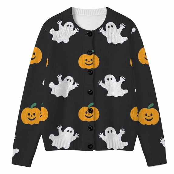 Tiijoy Girls Halloween Sweater Ghost Pumpkin Long Sleeve Knit Cardigan, Black, Sizes 5-14