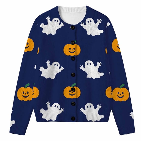 Tiijoy Girls Halloween Sweater Ghost Pumpkin Long Sleeve Knit Cardigan, Blue, Sizes 5-14