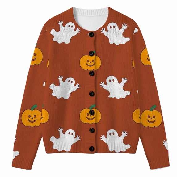 Tiijoy Girls Halloween Sweater Ghost Pumpkin Long Sleeve Knit Cardigan, Orange, Sizes 5-14