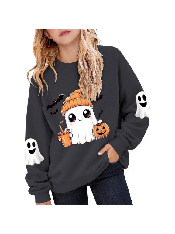 Girls Halloween Sweatshirt Fall Ghost Graphic Crewneck Pullover, Grey, Sizes 1-10