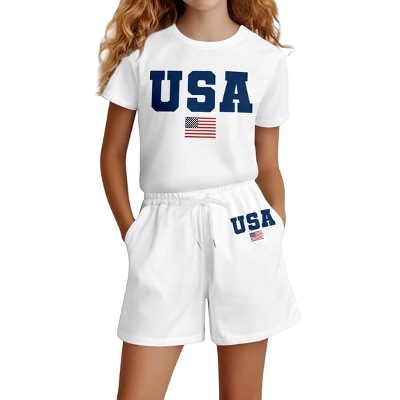 Tiijoy Girls Independence Day Outfits Short Sleeve T Shirt and Shorts Set, Sizes 2-14