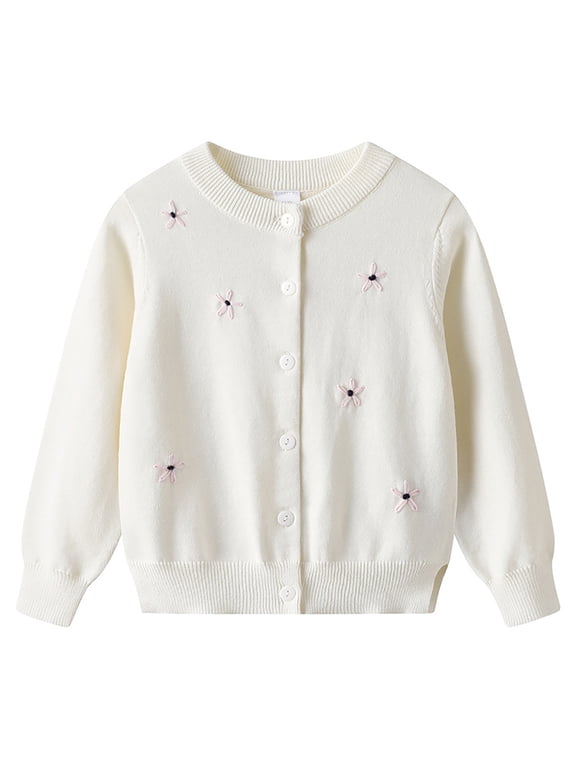Girls Knit Cardigan Coat Casual Floral Embroidery Sweater Jacket, White, Sizes 1-14