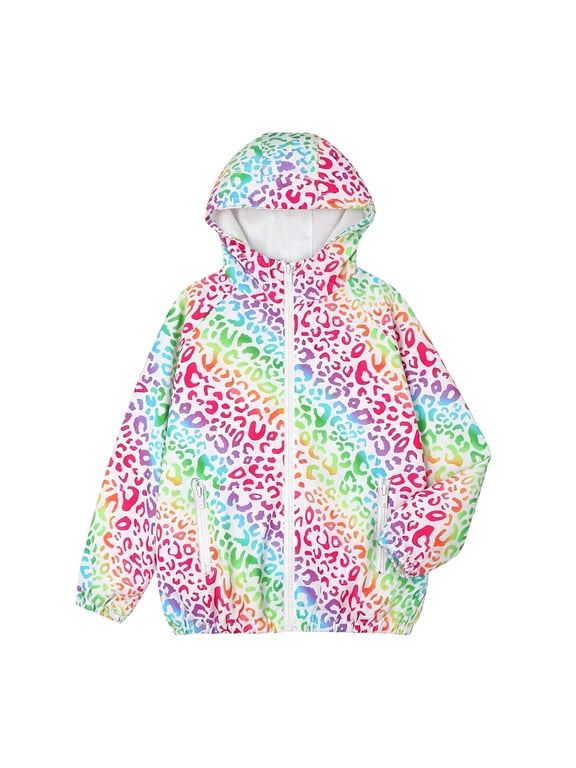 Girls Leopard Print Lightweight Rain Jacket Casual Zip Up Hooded Windbreaker