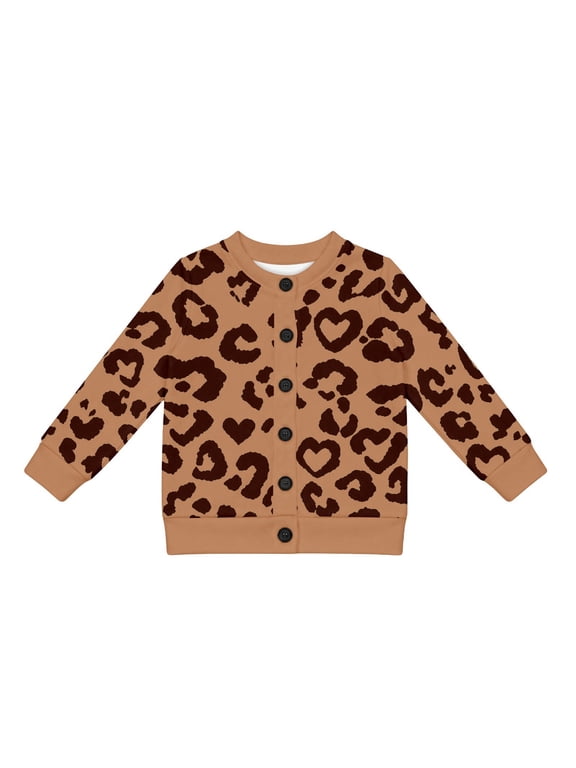 Girls Leopard Print Sweater Cardigan Fall Long Sleeve Sweater, Brown, Sizes 5-14