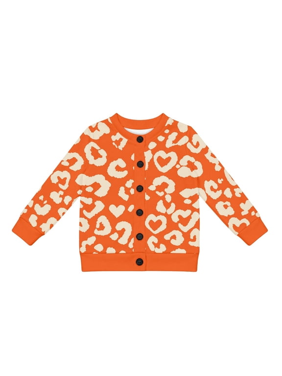 Girls Leopard Print Sweater Cardigan Fall Long Sleeve Sweater, Orange, Sizes 5-14