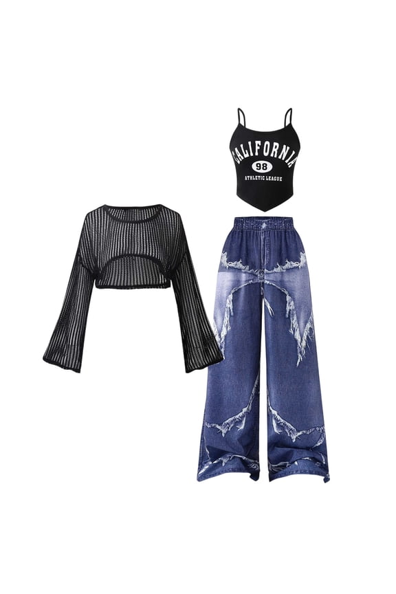 Girls Letter Print Camisole Mesh Fishnet Crop Top Jeans 3Pcs Set, Sizes 12-13