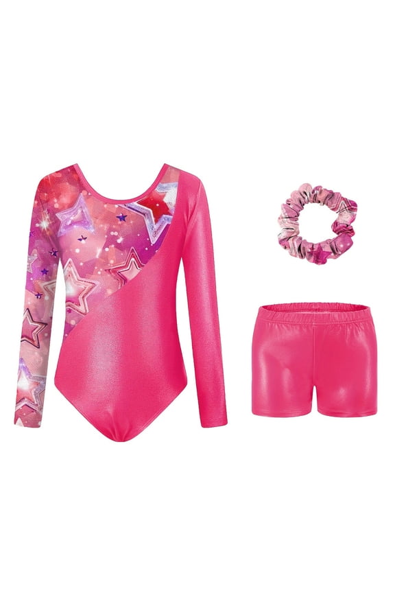 Girls Long Sleeve Ballet Gymnastics Leotard Shorts Scrunchie 3Pcs Set, Sizes 11-12