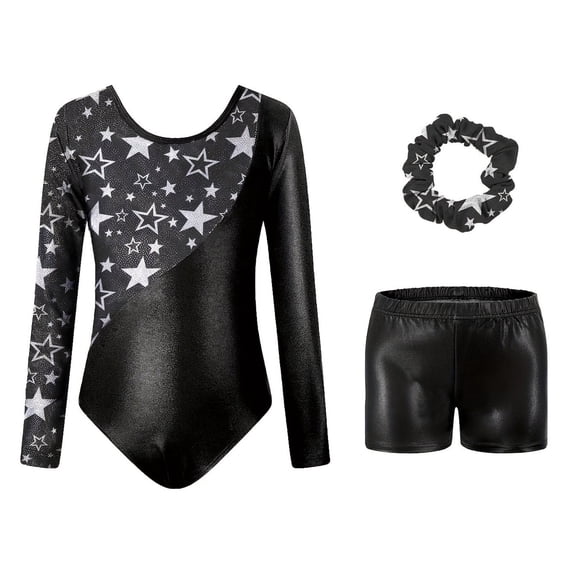 Tiijoy Girls Long Sleeve Ballet Gymnastics Leotard Shorts Scrunchie 3Pcs Set, Sizes 3-4