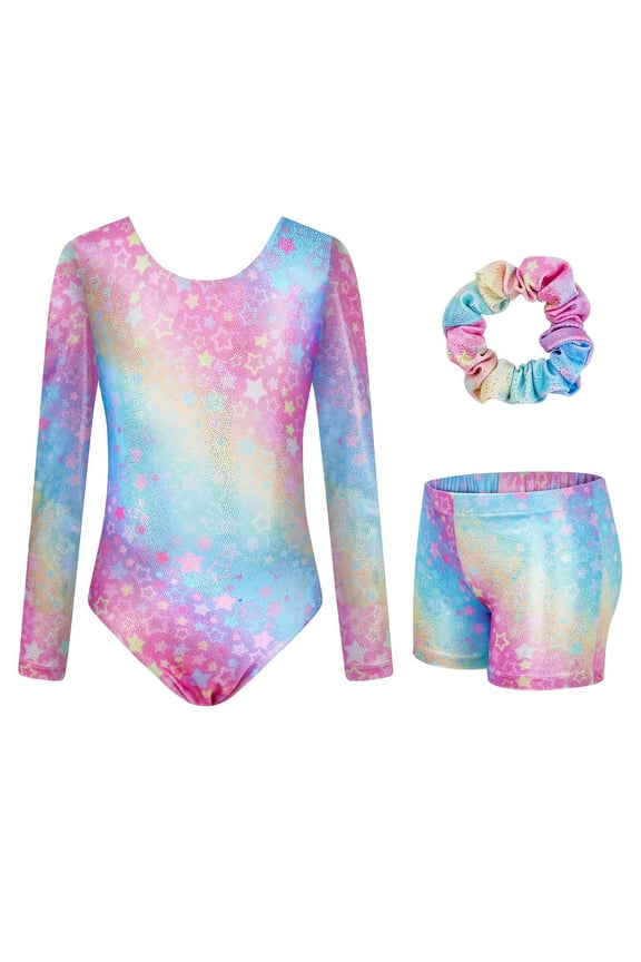 Girls Long Sleeve Ballet Gymnastics Leotard Shorts Scrunchie 3Pcs Set, Sizes 3-4