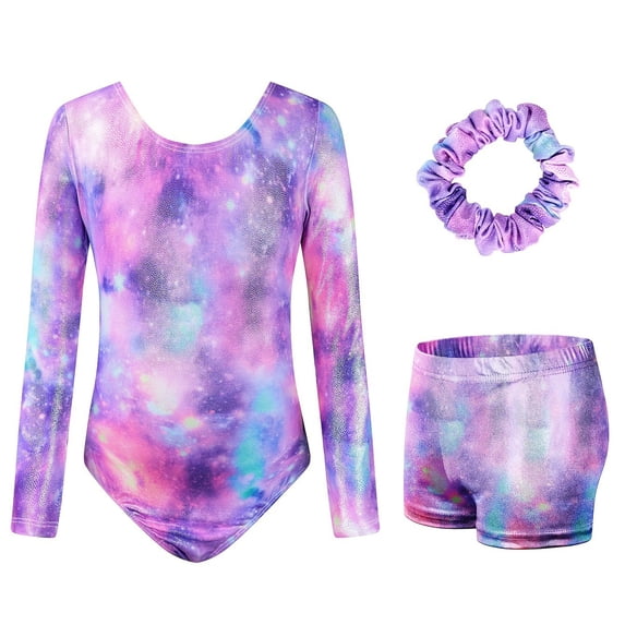 Tiijoy Girls Long Sleeve Ballet Gymnastics Leotard Shorts Scrunchie 3Pcs Set, Sizes 6-7