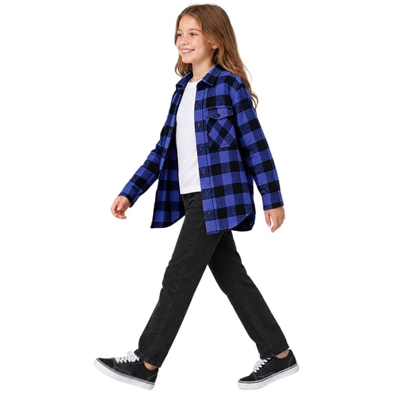 Tiijoy Girls Long Sleeve Button Up Shacket Casual Flannel Shirt Jacket, Blue, Sizes 4-14
