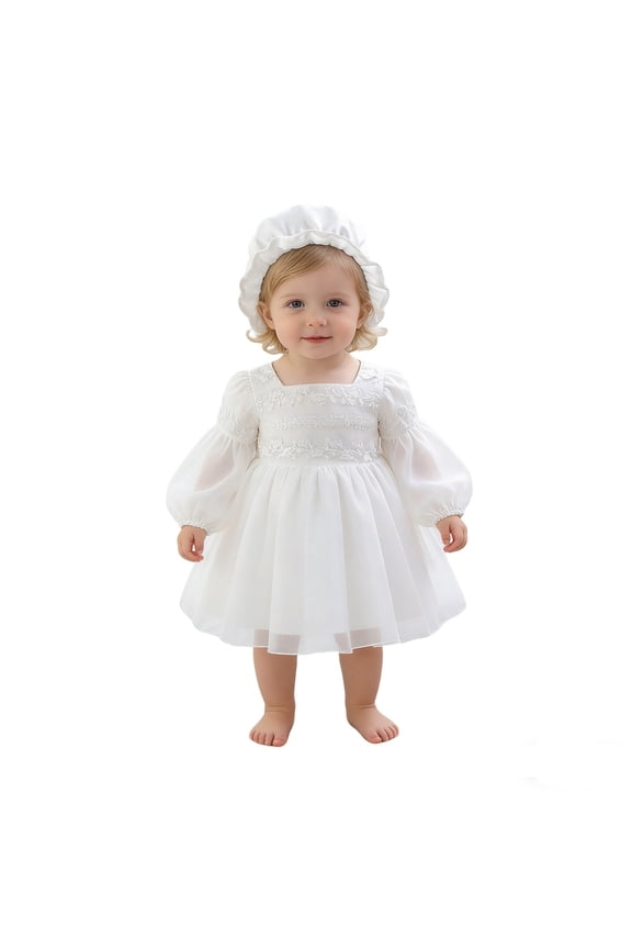 Girls Long Sleeve Christening Gown Baptism Tutu Dress with Hat Outfits, Sizes 6M-3T
