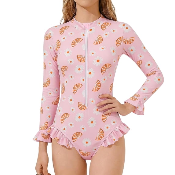 Tiijoy Girls Long Sleeve Half Zip Rash Guard One-Piece Swimsuit UPF50+ Ruffle Bathing Suit, Sizes 2-8
