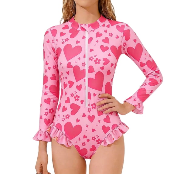 Tiijoy Girls Long Sleeve Half Zip Rash Guard One-Piece Swimsuit UPF50+ Ruffle Bathing Suit, Sizes 2-8