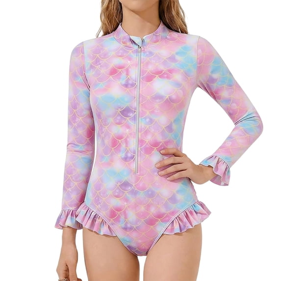 Tiijoy Girls Long Sleeve Rash Guard One-Piece Swimsuit UPF 50+ Bathing Suit, Sizes 2-8