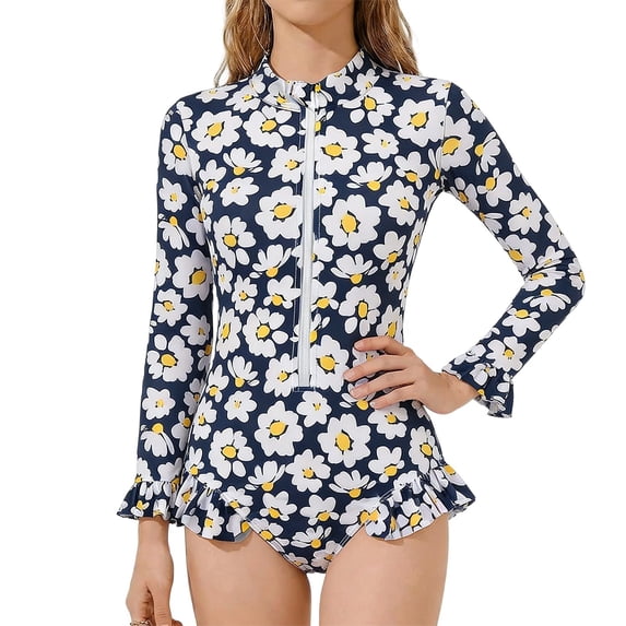 Tiijoy Girls Long Sleeve Rash Guard One-Piece Swimsuit UPF 50+ Bathing Suit, Sizes 2-8