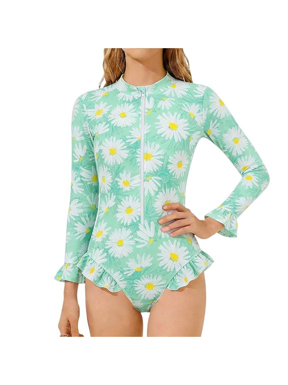 Girls Long Sleeve Rash Guard One-Piece Swimsuit UPF 50+ Bathing Suit, Sizes 2-8