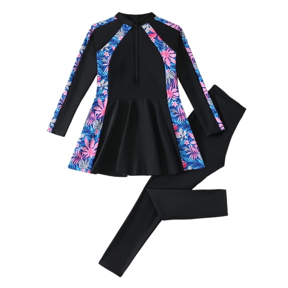 Tiijoy Girls Long Sleeve Rash Guard Swim Dress Swim Pants UPF 50+ 2-Piece Swimsuit, Sizes 7-12