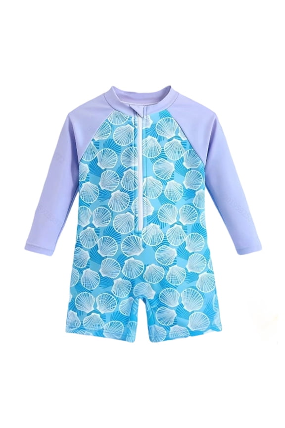 Girls Long Sleeve Rashguard One-Piece Swimsuit Shell Print Bathing Suit with UPF50+