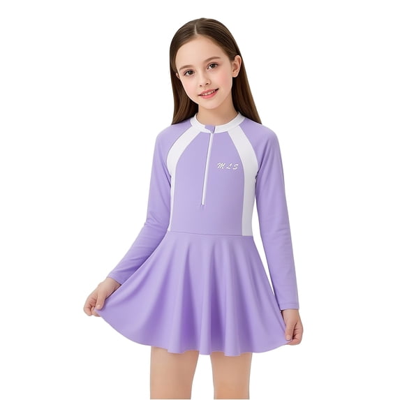 Tiijoy Girls Long Sleeve Rashguard Swim Dress Zip Up UPF 50+ Bathing Suit Swimwear