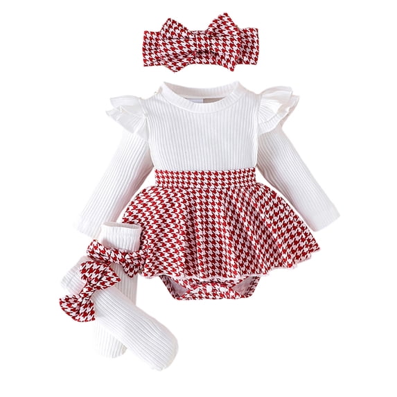 Tiijoy Girls Long Sleeve Ribbed Bodysuit with Houndstooth Skirt Socks Headband Outfits, Sizes 1-3 Months