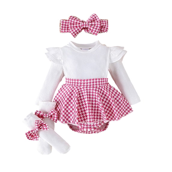 Tiijoy Girls Long Sleeve Ribbed Bodysuit with Houndstooth Skirt Socks Headband Outfits, Sizes 3-6 Months