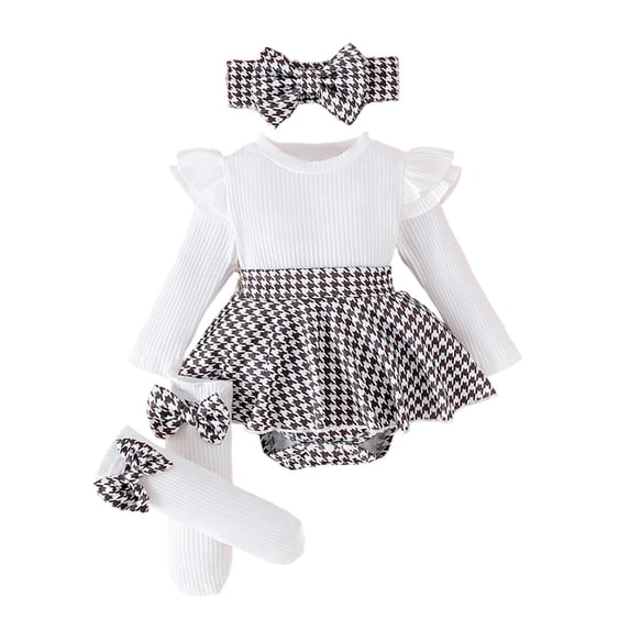 Tiijoy Girls Long Sleeve Ribbed Bodysuit with Houndstooth Skirt Socks Headband Outfits, Sizes 9-12 Months