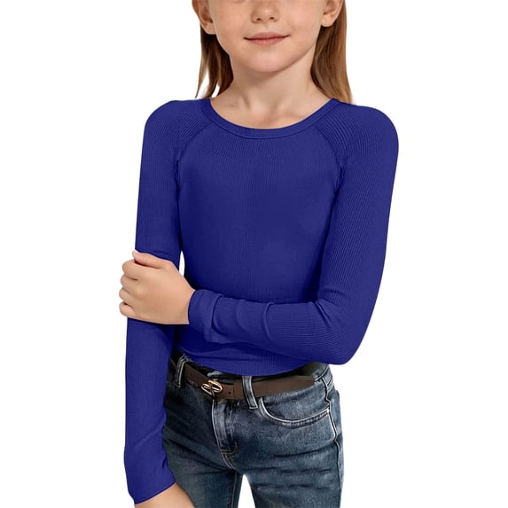 Tiijoy Girls Long Sleeve Ribbed T-Shirt Crewneck Stretch T Shirt Undershirt, Sizes 5-14