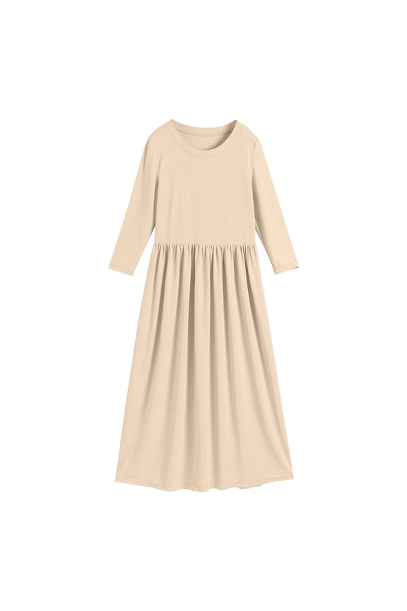 Girls Long Sleeve Scoop Neck Maxi Dress Kids Solid Casual Princess Dress, Sizes 3-4