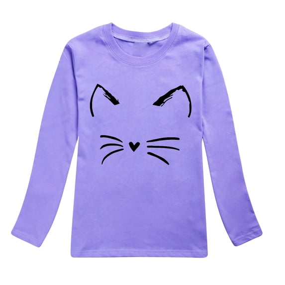 Tiijoy Girls Long Sleeve T-Shirt Casual Cat Print Crew Neck Tshirt, Purple, Sizes 2-13