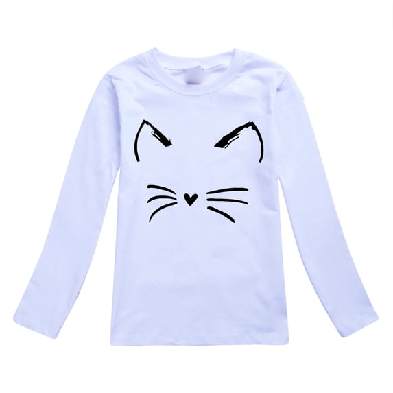 Tiijoy Girls Long Sleeve T-Shirt Casual Cat Print Crew Neck Tshirt, White, Sizes 2-13