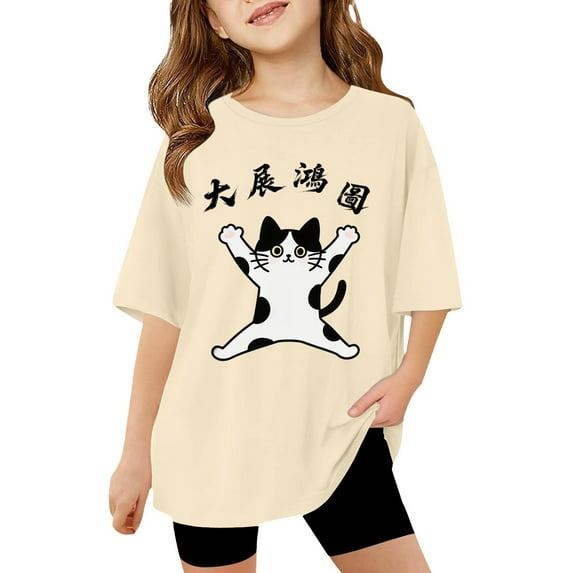 Tiijoy Girls Loose Short Sleeve T-Shirt Cartoon Cat Print Casual T Shirt Top, Sizes 13-14