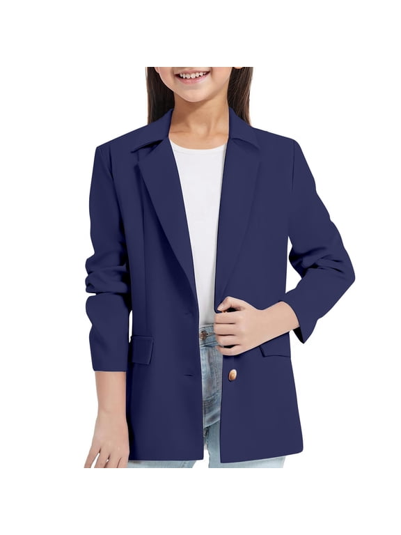 Girls Notch Collar Blazer Solid Single Long Sleeve Suit Jacket, Navy