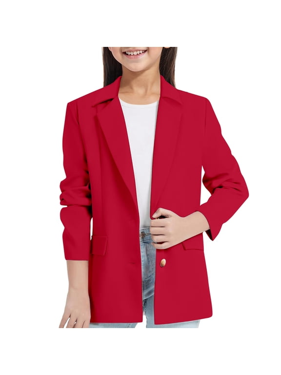 Girls Notch Collar Blazer Solid Single Long Sleeve Suit Jacket, Red