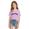 thumbnail image 1 of Tiijoy Girls Off The Shoulder Asymmetrical T-Shirt with New York Print, Purple, Sizes 9-10, 1 of 4