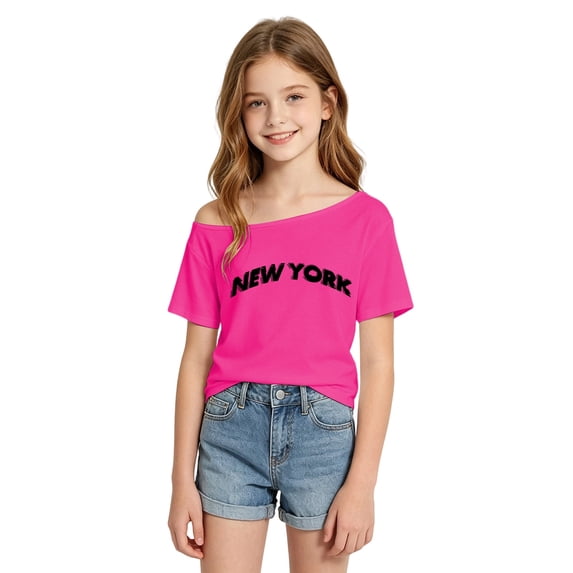 Tiijoy Girls Off The Shoulder Asymmetrical T-Shirt with New York Print, Sizes 9-10