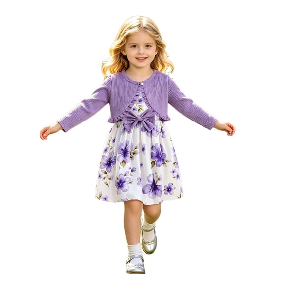 Tiijoy Girls Outfits Bow Floral Sleeveless Dress with Ruffle Cardigan Jacket, Sizes 2-8